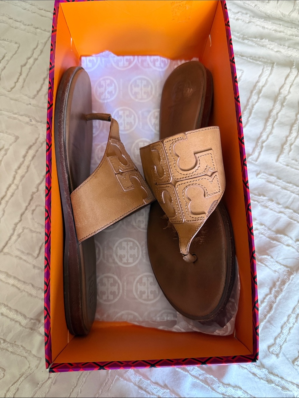 Tory Burch Tan Leather Logo Thong Sandals